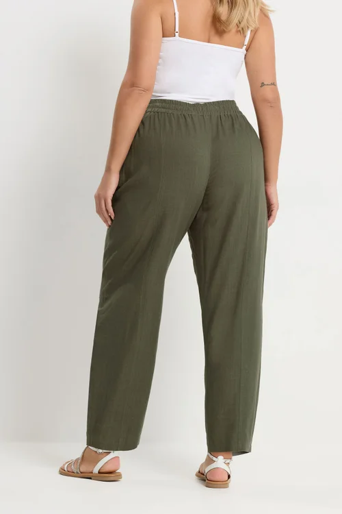 Yours Curve Olive Green Barrel Leg Linen Trousers - 22-24 Image 4