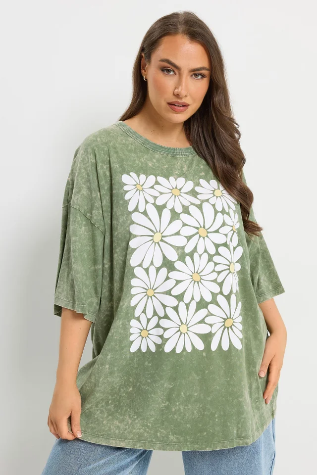 Yours Curve Green Acid Wash Boxy Daisy Print T-Shirt