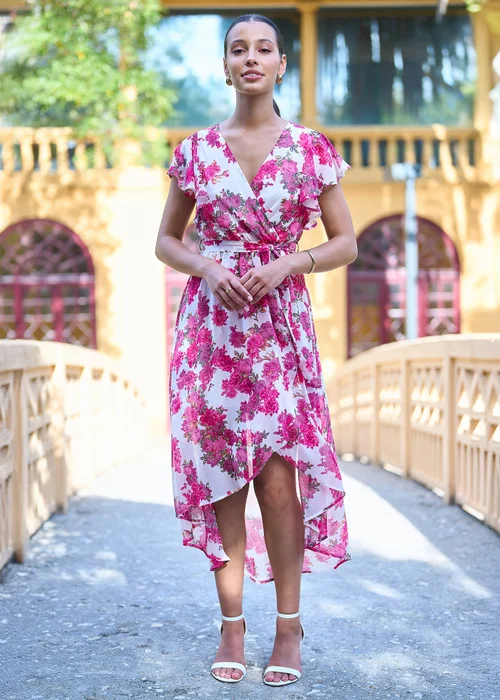 Yumi Ivory Floral Wrap Dress With Dipped Hem - 16 Image 1