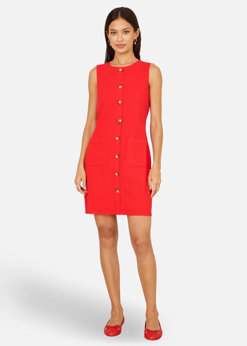 Yumi Red Viscose Button Detail Shift Dress - 16 Image 1