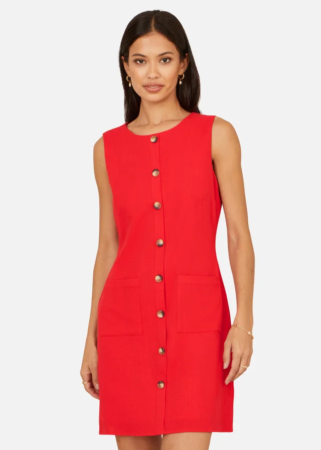 Yumi Red Viscose Button Detail Shift Dress
