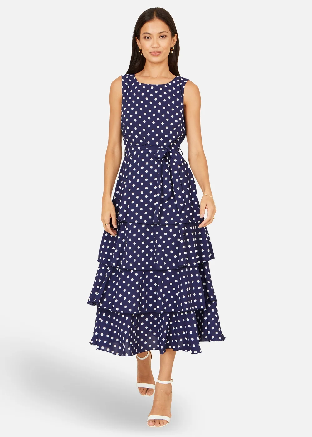 Yumi Navy Spot Tiered Midi Dress - 12 Image 1