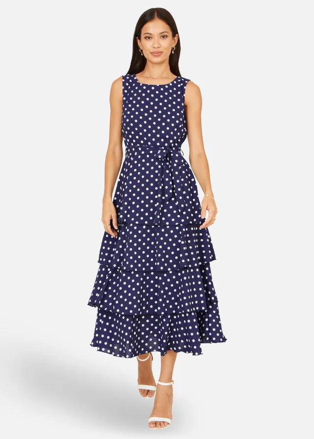 Yumi Navy Spot Tiered Midi Dress