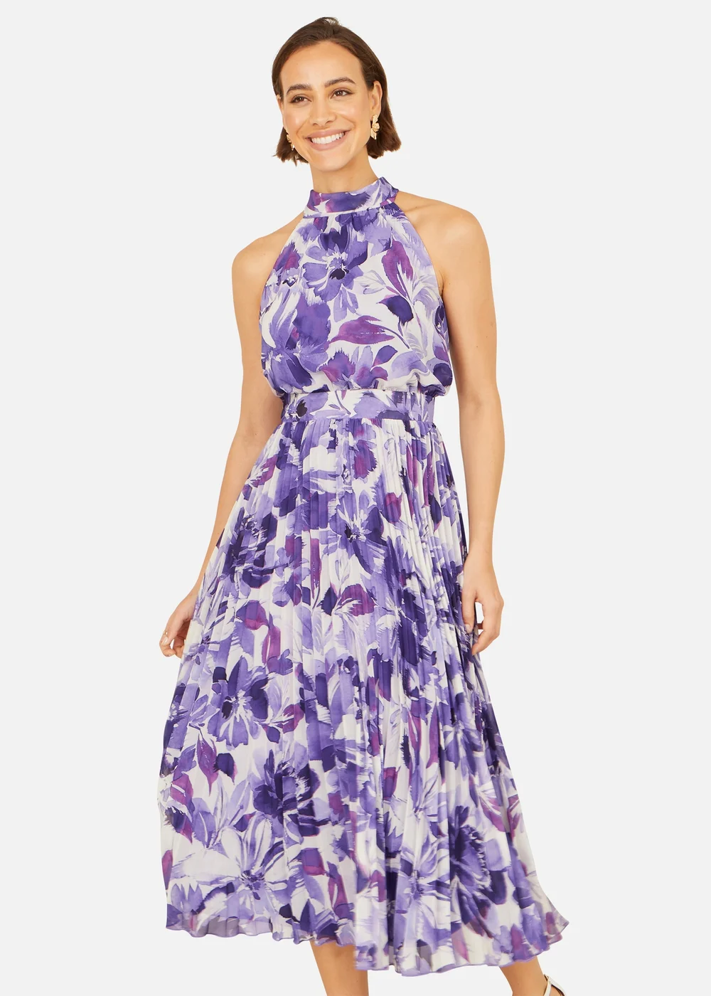 Yumi Purple Abstract Floral Halter Neck Pleated Midi Dress - 12 | Matalan Yumi Purple Abstract Floral Halter Neck Pleated Midi Dress - 12 | Matalan