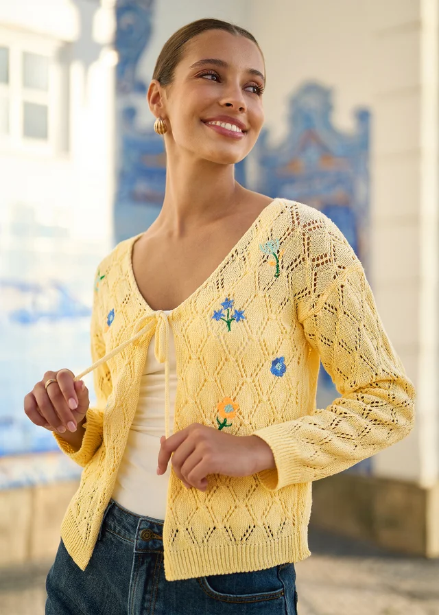 Yumi Butter Yellow Embroidered Pointelle Cardigan