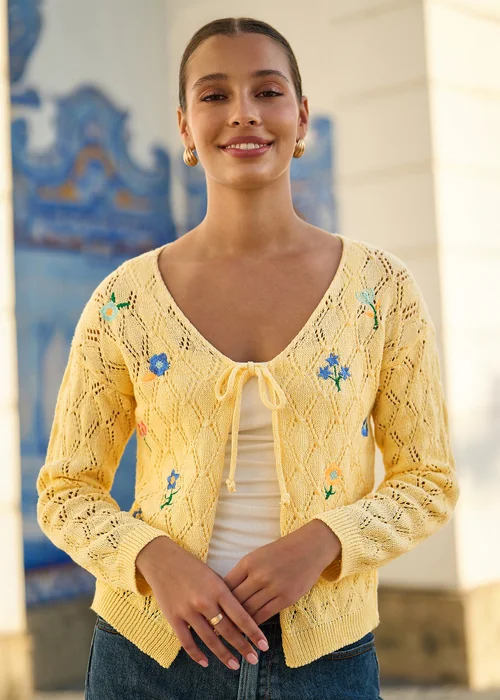 Yumi Butter Yellow Embroidered Pointelle Cardigan - M Image 1