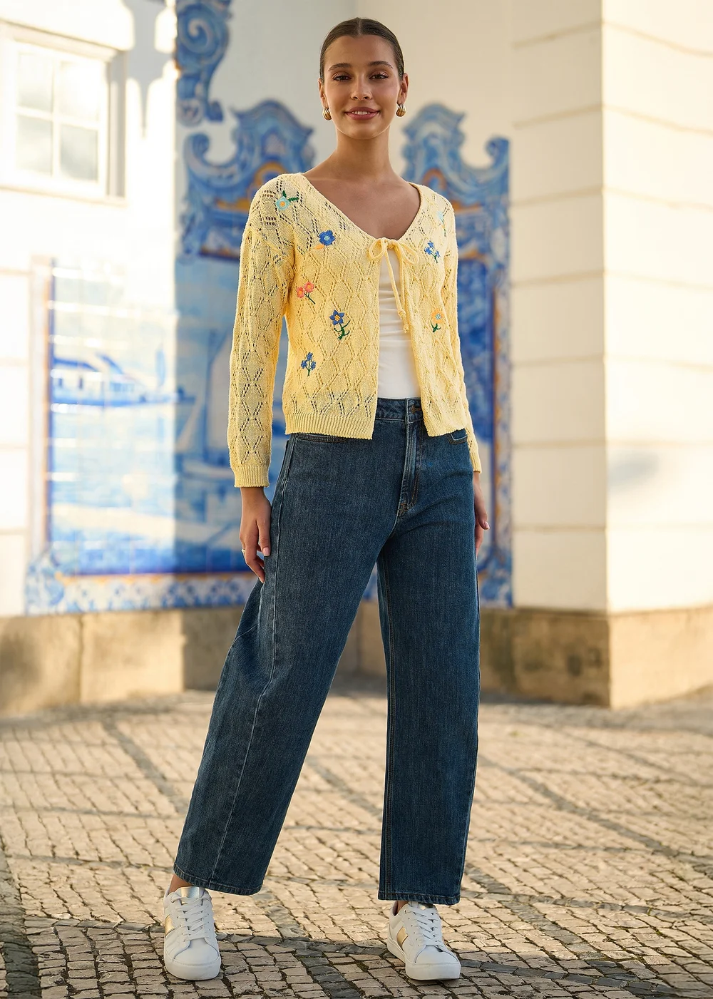 Yumi Butter Yellow Embroidered Pointelle Cardigan - M Image 3