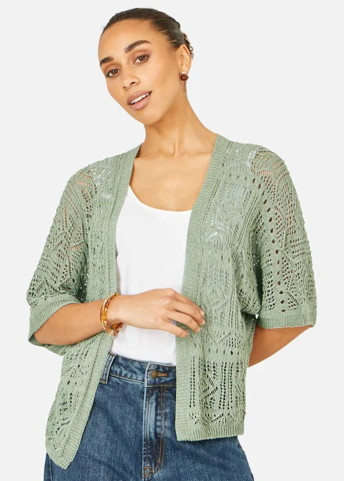 Yumi Green Crochet Edge To Edge 3/4 Sleeve Cardigan - M Image 3