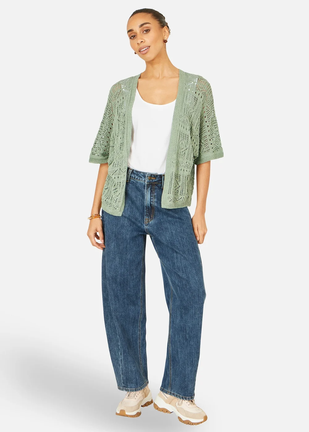 Yumi Green Crochet Edge To Edge 3/4 Sleeve Cardigan - M Image 2