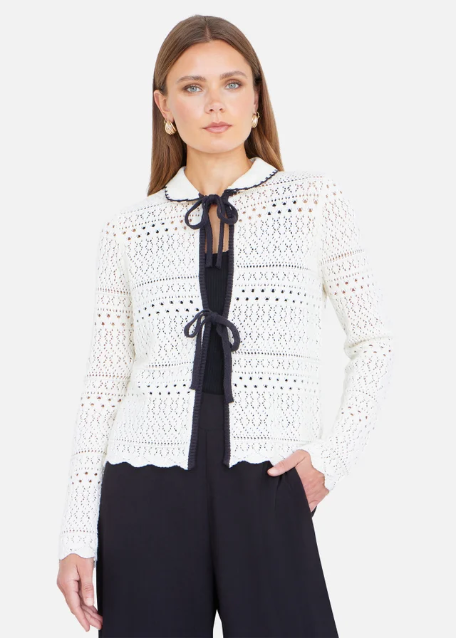 Yumi Ivory Crochet Knitted Cardigan With Peter Pan Collar