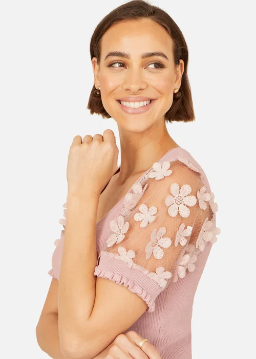Yumi Blush Knitted Top With Floral Applique - L Image 3