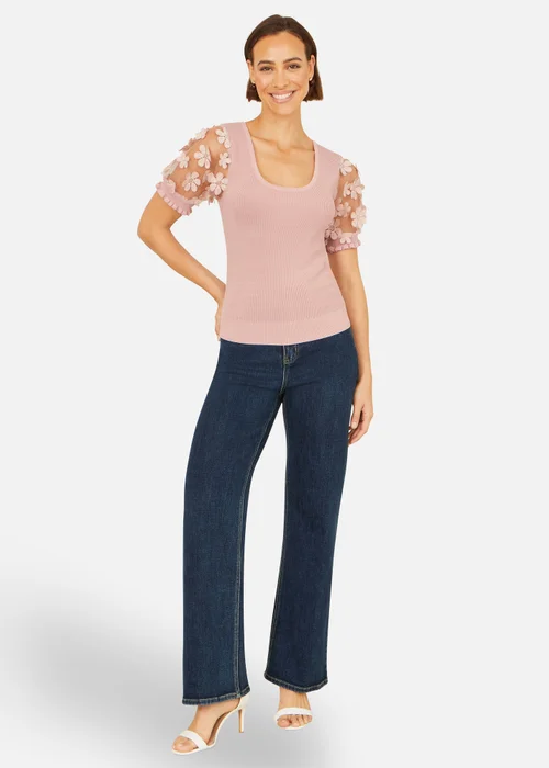 Yumi Blush Knitted Top With Floral Applique - L Image 2