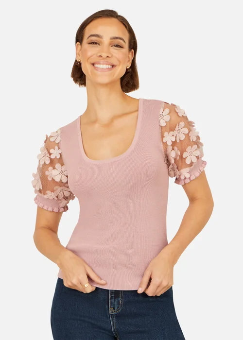 Yumi Blush Knitted Top With Floral Applique - L Image 1