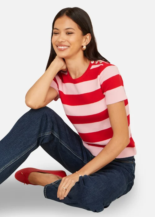 Yumi Block Red Stripe Knitted Top With Button Details - L Image 2
