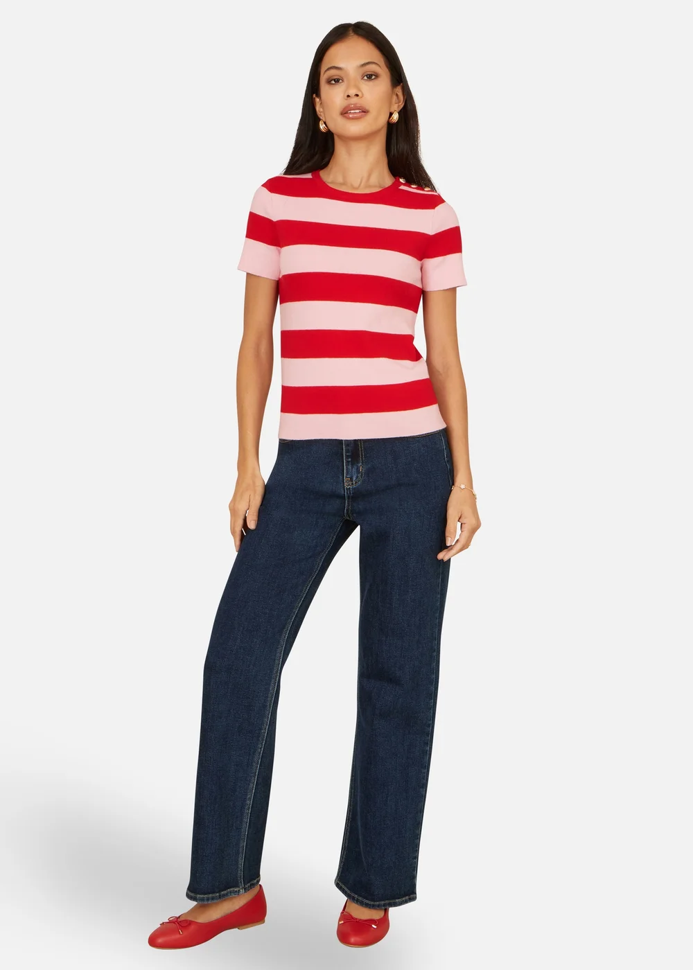 Yumi Block Red Stripe Knitted Top With Button Details - L Image 3