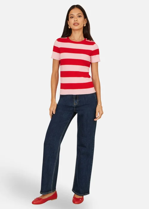 Yumi Block Red Stripe Knitted Top With Button Details - L Image 3