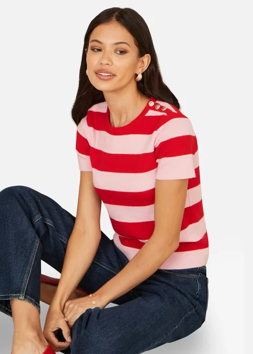 Yumi Block Red Stripe Knitted Top With Button Details - L Image 1