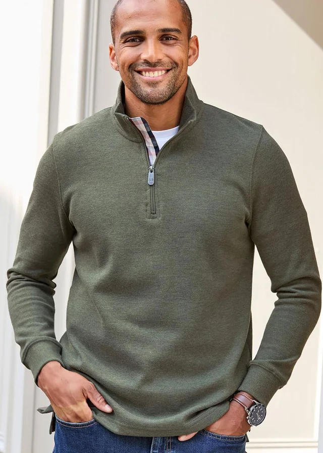 Cotton Traders Green Dusk Half Zip Brushed Rib Top