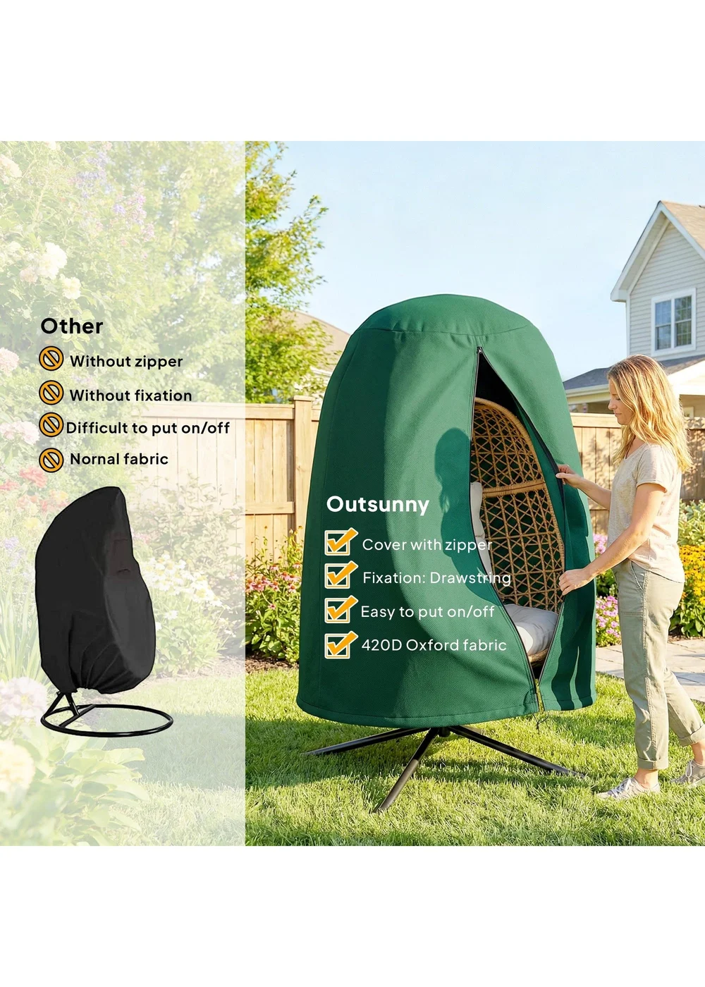 Outsunny Green Hanging Egg Chair Cover Garden Swing Chair Cover Waterproof - One Size Image 5