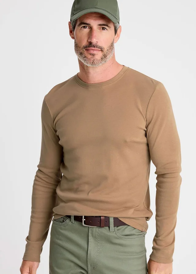 Cotton Traders Linen Pale Camel Long Sleeve Crew Neck Base Layer Top
