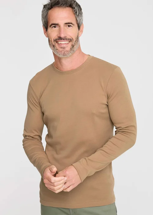 Cotton Traders Linen Pale Camel Long Sleeve Crew Neck Base Layer Top - 2XL Image 4