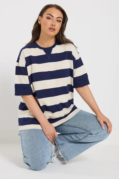 Yours Curve Navy Blue Stripe Heavyweight T-Shirt - 18 Image 1