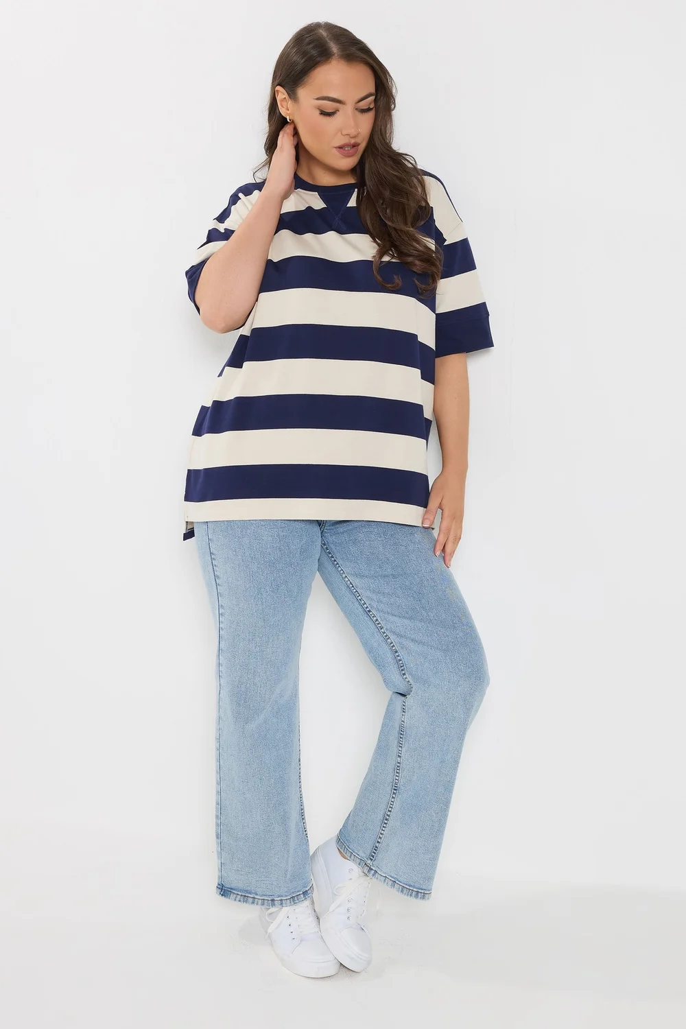 Yours Curve Navy Blue Stripe Heavyweight T-Shirt - 18 Image 2