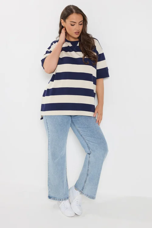 Yours Curve Navy Blue Stripe Heavyweight T-Shirt - 18 Image 2