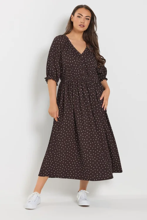 Yours Curve Chocolate Brown Polka Dot Dress - 22-24 Image 1