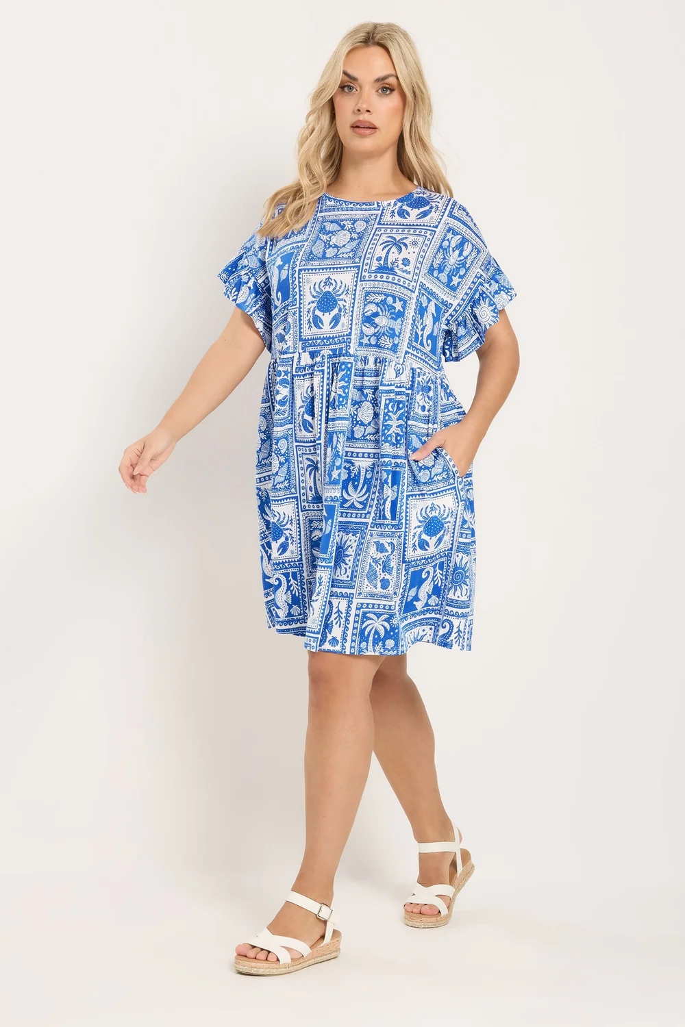 Yours Curve Blue Mixed Shell Frill Sleeve Tunic Dress - 16 Image 2