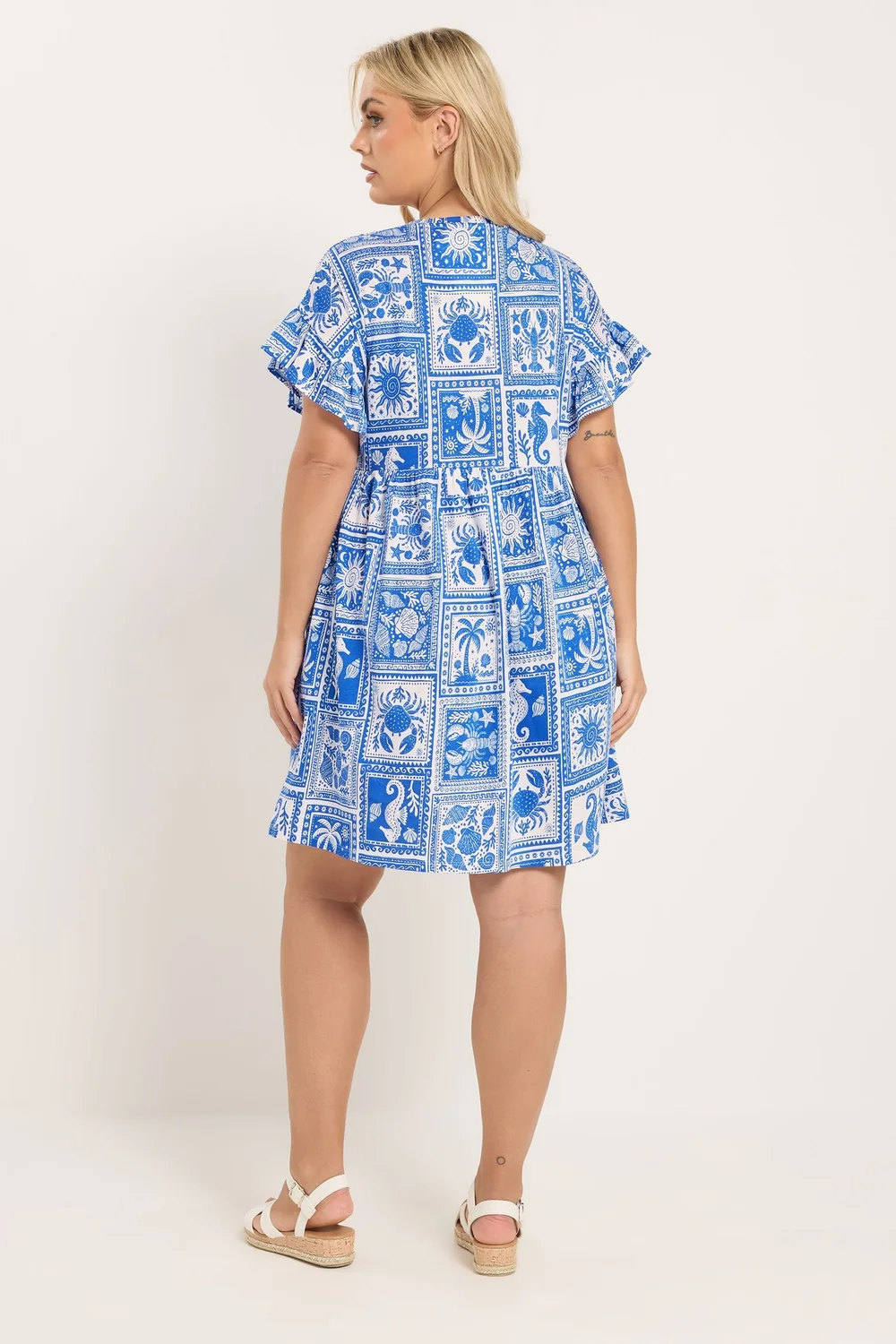Yours Curve Blue Mixed Shell Frill Sleeve Tunic Dress - 16 Image 3