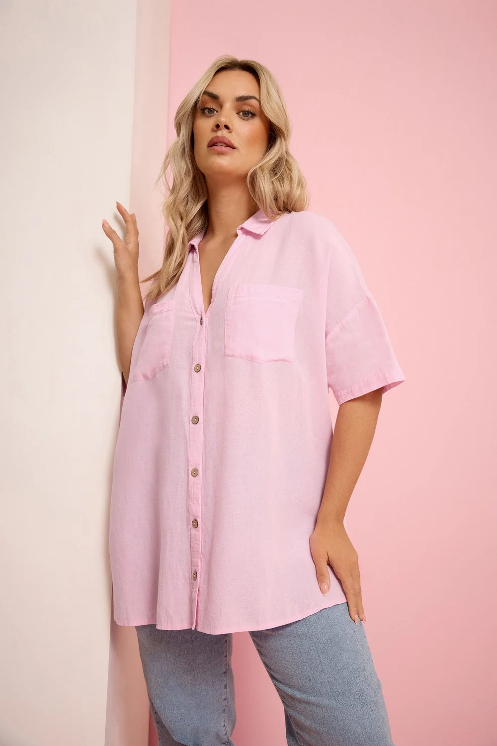 Yours Curve Pink Short Sleeve Linen Shirt - 26-28 Image 1
