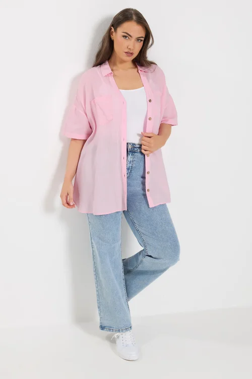 Yours Curve Pink Short Sleeve Linen Shirt - 26-28 Image 4