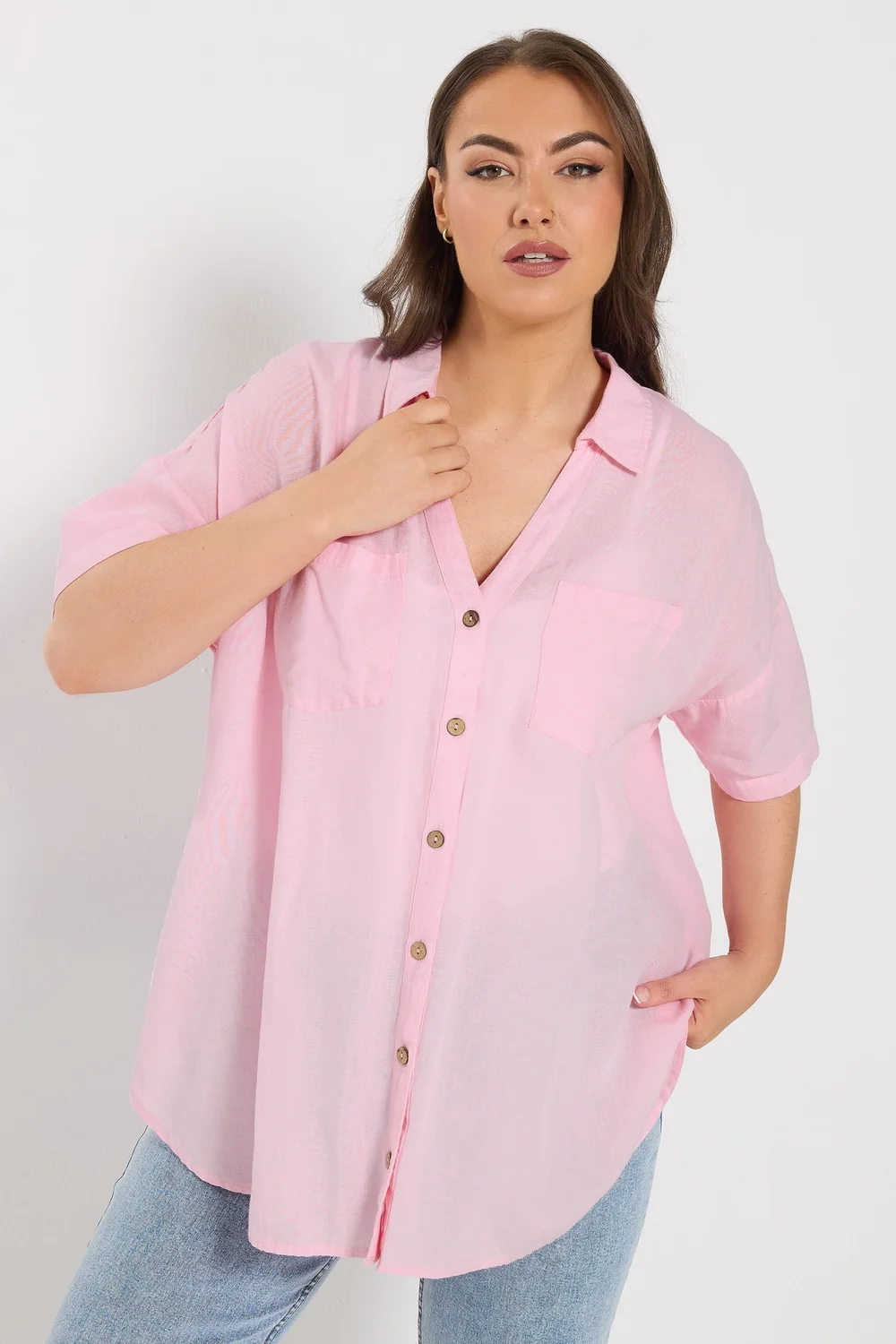 Yours Curve Pink Short Sleeve Linen Shirt - 26-28 Image 2