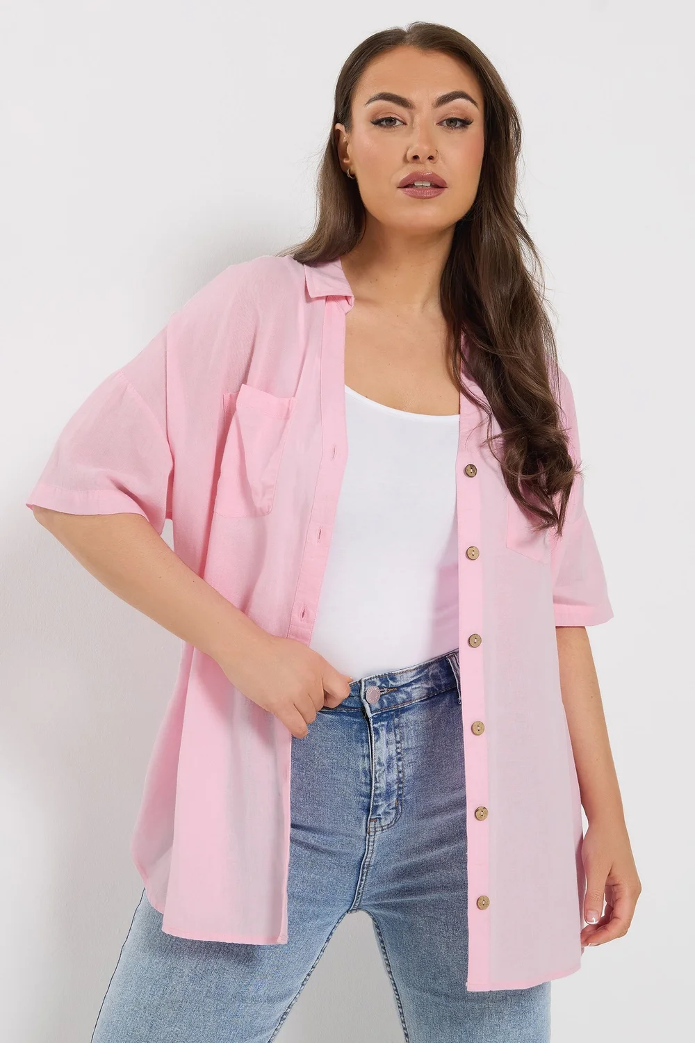 Yours Curve Pink Short Sleeve Linen Shirt - 26-28 Image 3