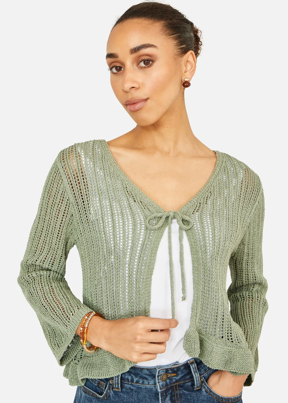 Yumi Green Tie Front Knitted Pointelle Cardi - L Image 3