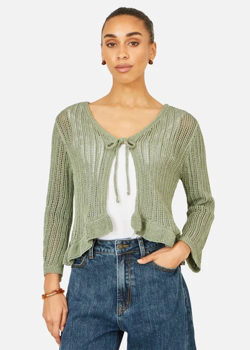 Yumi Green Tie Front Knitted Pointelle Cardi - L Image 1