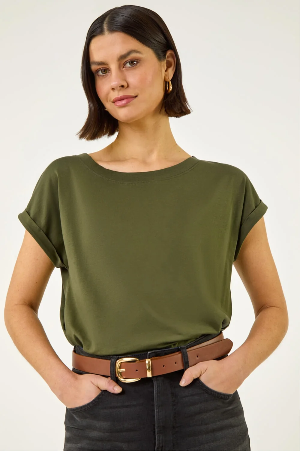Roman Olive Plain Stretch Cotton Jersey T-Shirt - 12 Image 1