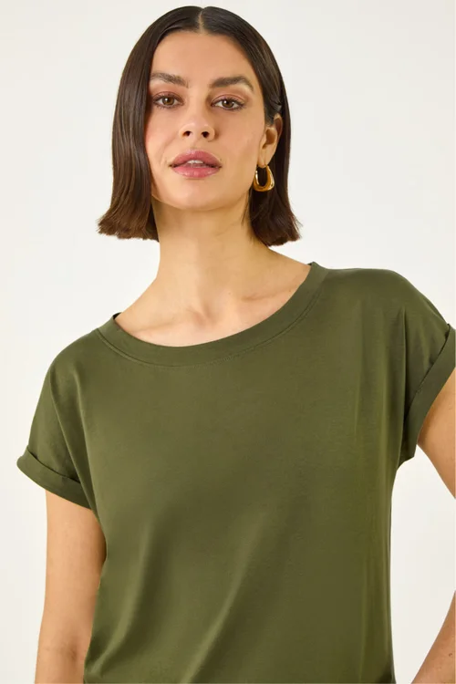 Roman Olive Plain Stretch Cotton Jersey T-Shirt - 12 Image 4