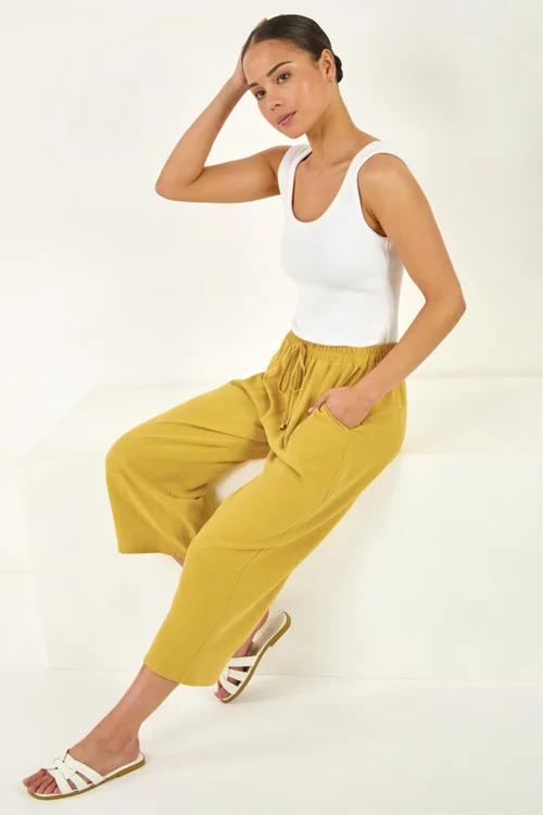 Roman Ochre Petite Linen Mix Wide Cropped Trousers - 14 Image 1