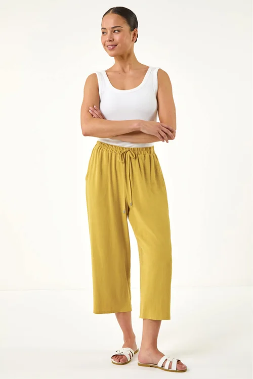 Roman Ochre Petite Linen Mix Wide Cropped Trousers - 14 Image 2