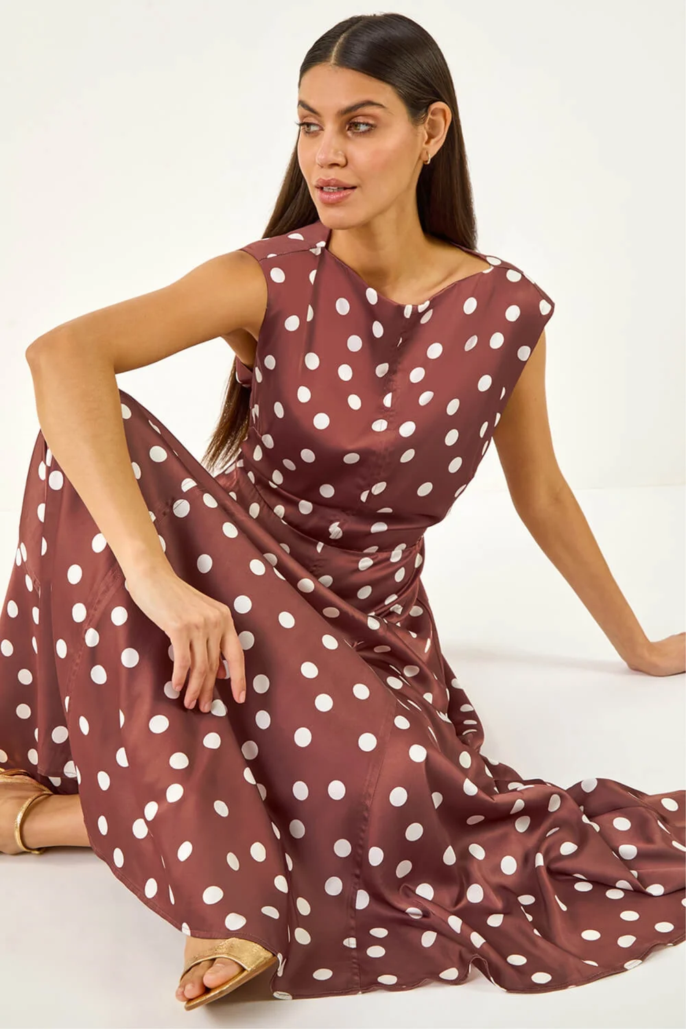Roman Chocolate Polka Dot Boat Neck Dress - 14 Image 2