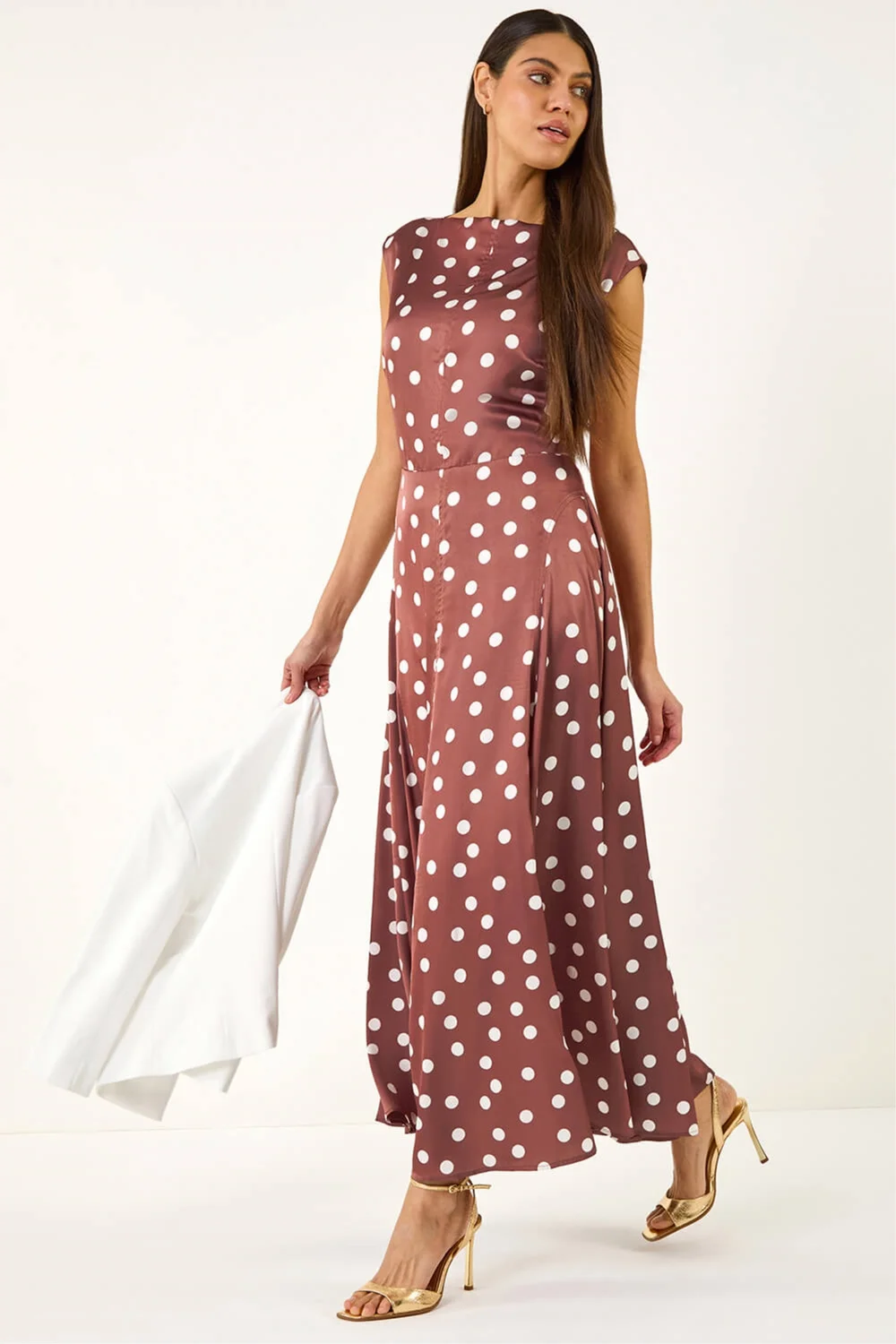 Roman Chocolate Polka Dot Boat Neck Dress - 14 Image 3