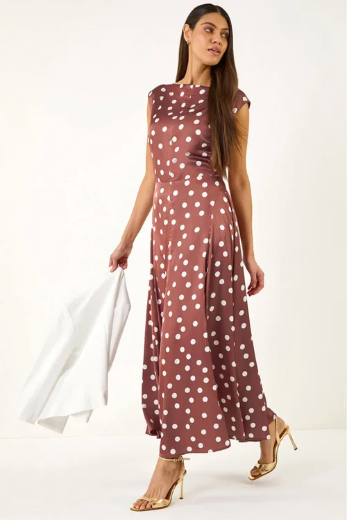 Roman Chocolate Polka Dot Boat Neck Dress - 14 Image 3