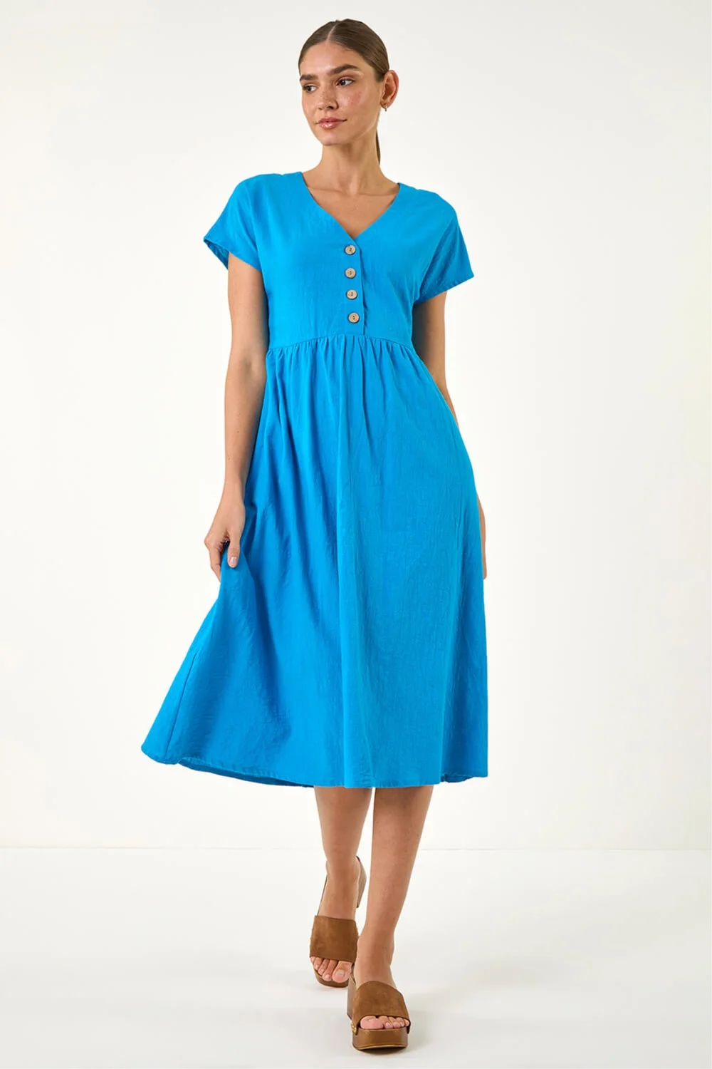 Roman Blue Linen Look Button Midi Dress - 20 Image 1