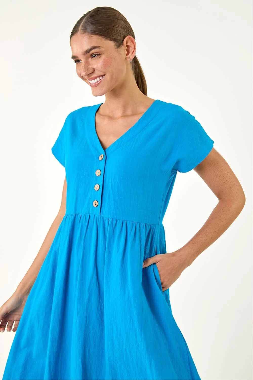 Roman Blue Linen Look Button Midi Dress - 20 Image 4