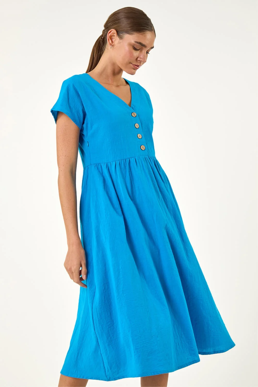 Roman Blue Linen Look Button Midi Dress - 20 Image 2
