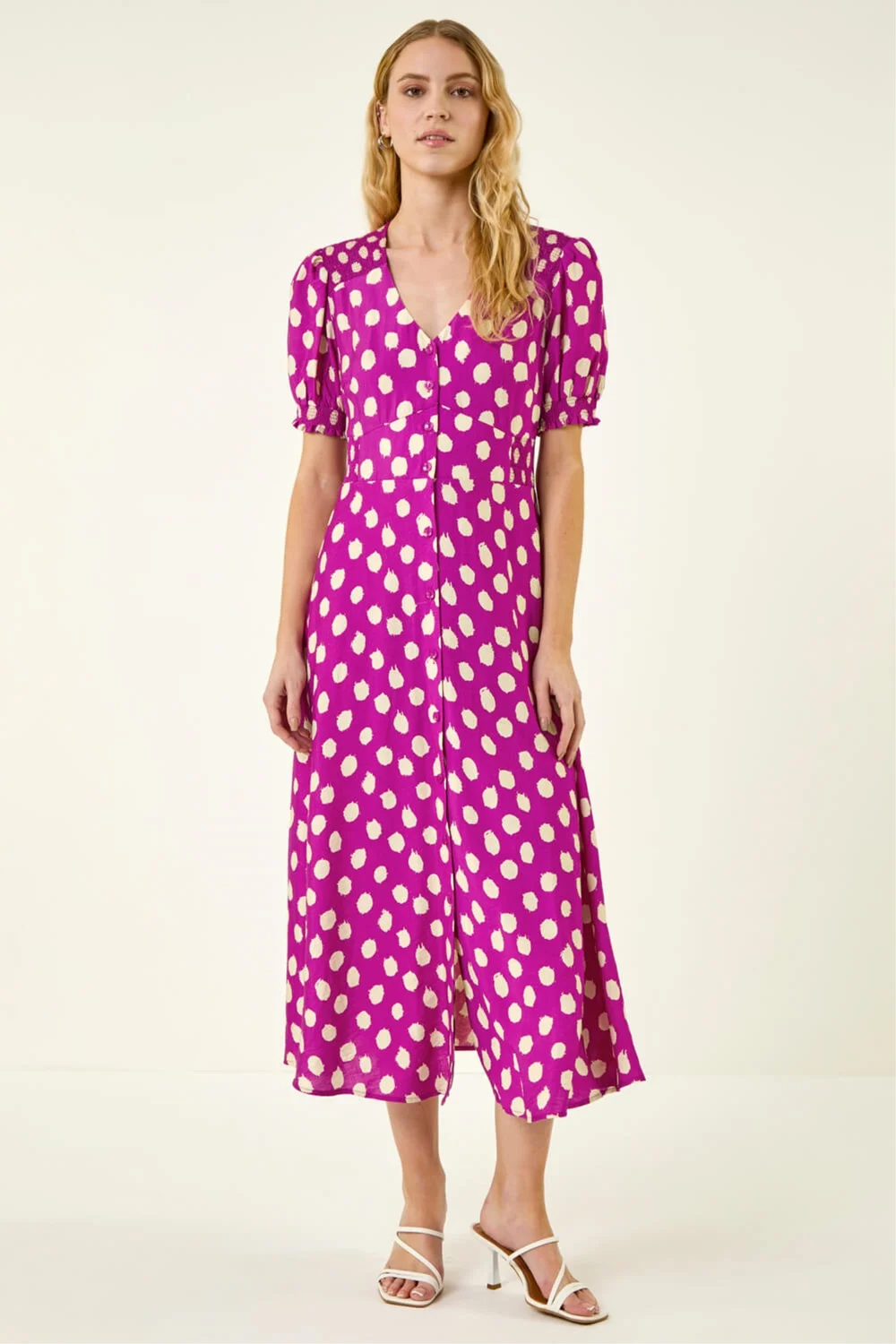 Roman Magenta Spot Print Button Midi Dress - 14 Image 2