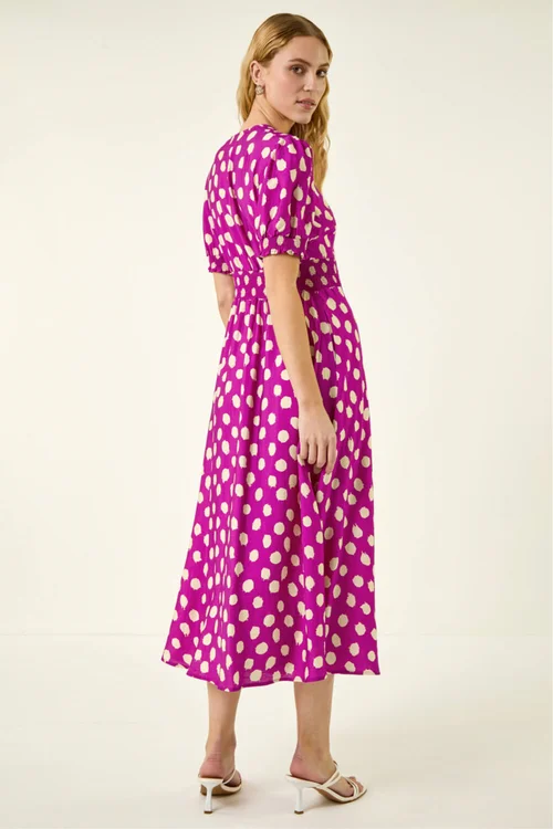 Roman Magenta Spot Print Button Midi Dress - 14 Image 3