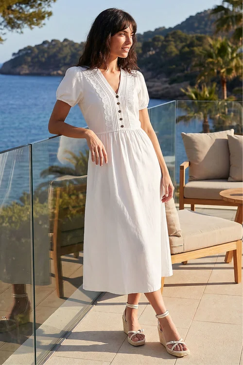 Roman White Cotton Crochet Trim Dress - 20 Image 1